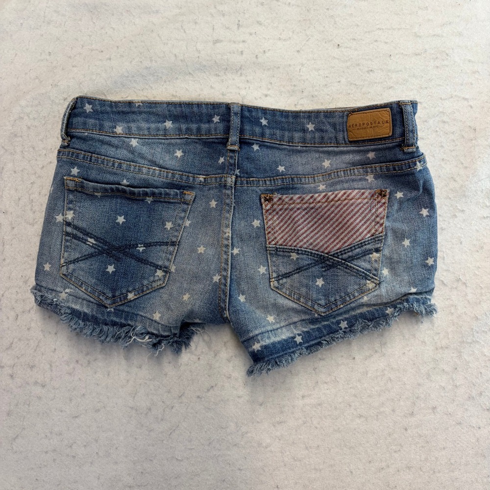 Aeropostale Shorty Denim Shorts Womens 4 Blue Star Print Cutoff Americana